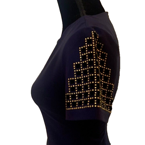 Sensiline Navy Dress Womens 4 Cut-Out Gold Embellishments Cocktail Sheath Dress - Picture 4 of 14